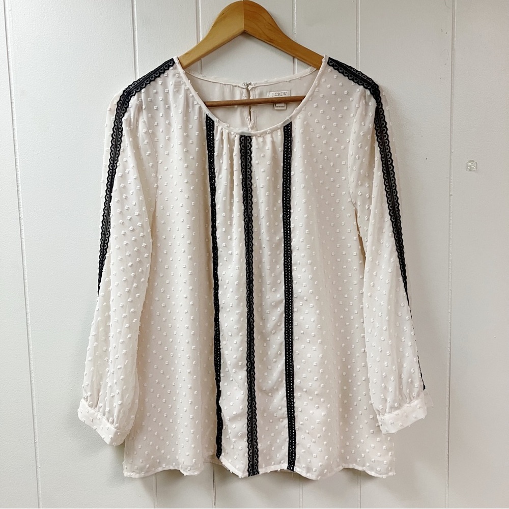 Lace Feminine Romantic J CREW Blouse SZ 12 Cream Swiss Dot Long Sleeve Classic